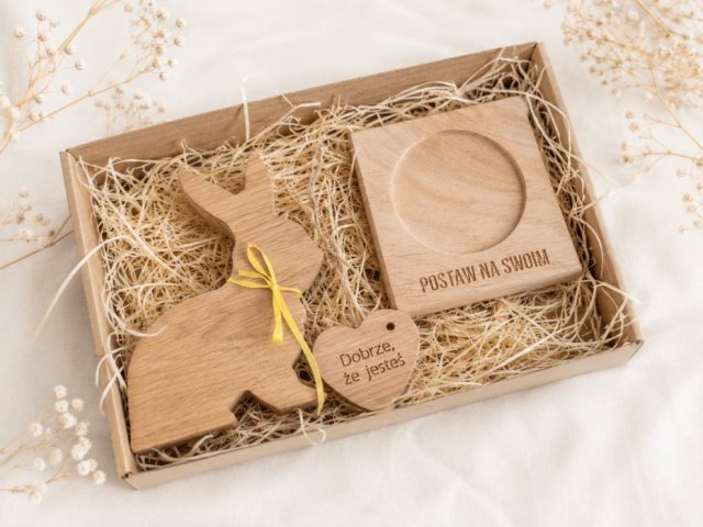 Wielkanocny box prezentowy, ozdoby wielkanocne z drewna, wielkanoc - postaw na swoim, zestaw na prezent ekologiczny w zgodzie z naturą