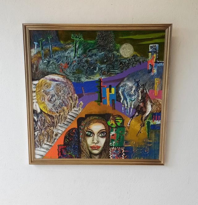Obraz. Barbara Ur, Ludzie na schodach, olej na płótnie 1974r.