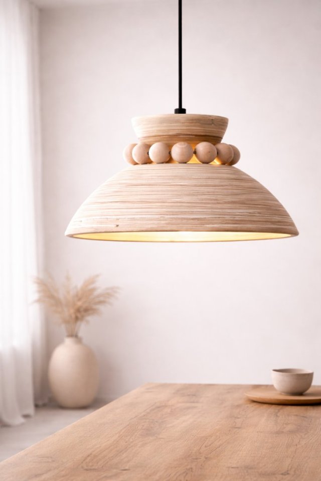 Lampa Wisząca Boho, Abażur Bambusowy, Drewniany