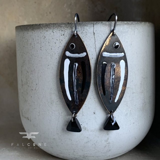 Kolczyki White & Black - Fish with Black Tail