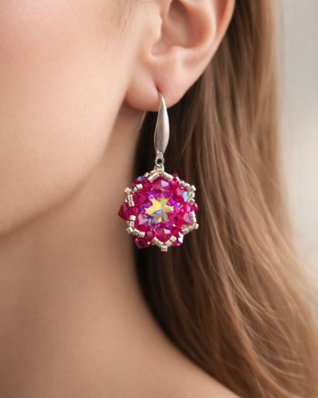 Różowe Wiszące Kolczyki "Crystal Fuchsia" z Kryształków Preciosa