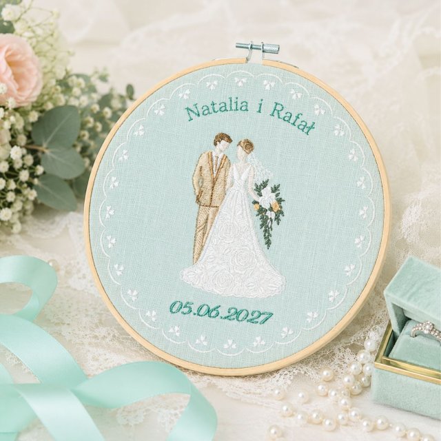 Ślubna, indywidualna dedykacja, haft w tamborku 20 cm