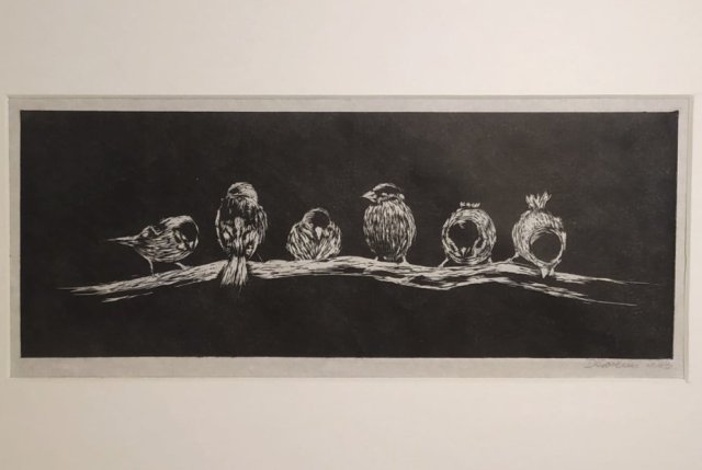 Wróble, ptaki - oprawione passe-partout - Linoryt, ilustracja, grafika, obrazek, obraz, sztuka, plakat, dekoracje