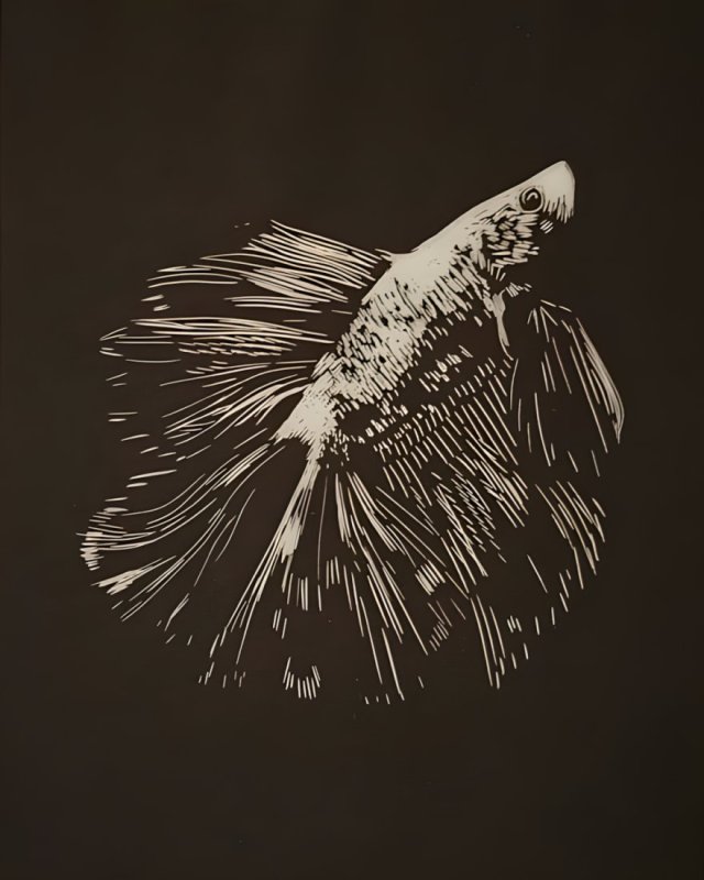 Bojownik Rybka - Linoryt, ilustracja, grafika, obrazek, obraz, sztuka, plakat, dekoracje