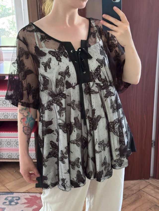Czarna bluzka tunika motyle siateczka fairy goth Y2K wiązanie oversize