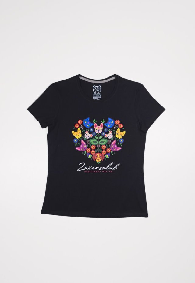T-shirt damski - Zwierzolub - pieski kotki - wzór folkowy - XL