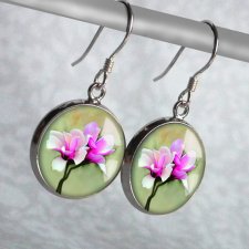 Unikatowe kolczyki -MAGNOLIE W SZKLE - KOLCZYKI SREBRNE