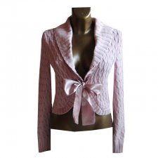 Ciepły Różowy Sweter Bolerko L XL Satynowa Kokarda