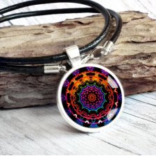 MANDALA naszyjnik z rzemienia i szkła z grafiką