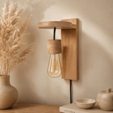 Drewniana lampka ścienna z kwietnikiem, kinkiet z drewna, boho rustykalny do sypialni, salonu na ścianę, klimatyczna i praktyczna
