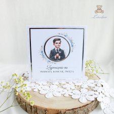 Zaproszenia ręcznie robione na pierwszą komunię świętą, komunijne "Blue Flower Boy"