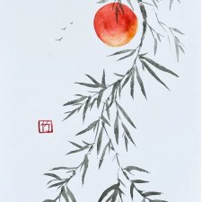 Bambus, japońskie malarstwo sumi-e. Original Akwarela A4
