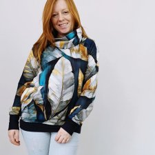 Bluza damska z kominem  złote liście na turkusie
