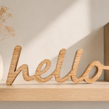 Drewniany napis hello, lity dąb, z drewna, stojący, dodatki do wnętrz w stylu boho, napis na półkę z litego drewna