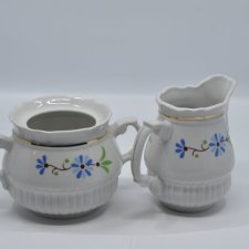 Mlecznik i cukiernica Włocławek lata 70. | Ceramika PRL New Look niebieskie kwiaty | Vintage Wloclawek Creamer and Sugar Bowl Set 1970s | Hand Painted